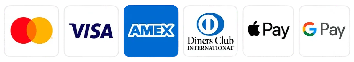 Accepted payments: Mastercard, Visa, American Express, Diners Club, Apple Pay, Google Pay