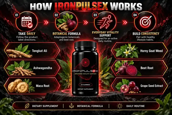 How IronPulseX works graphic: take daily, botanical formula, everyday vitality support, build consistency