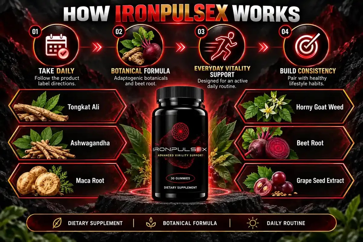 How IronPulseX works graphic: take daily, botanical formula, everyday vitality support, build consistency