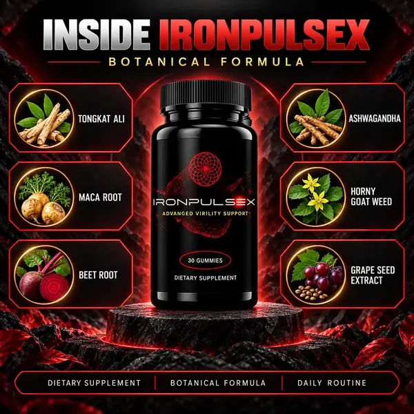 Inside IronPulseX graphic naming Tongkat Ali, Ashwagandha, Maca Root, Horny Goat Weed, Beet Root and Grape Seed Extract around the bottle