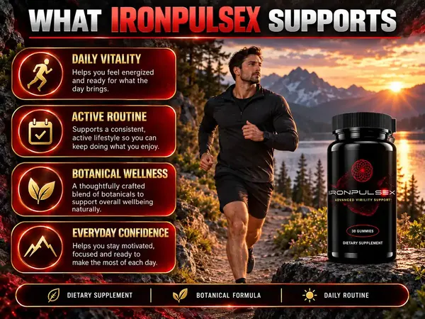 What IronPulseX supports graphic with a man running on a mountain trail beside the bottle