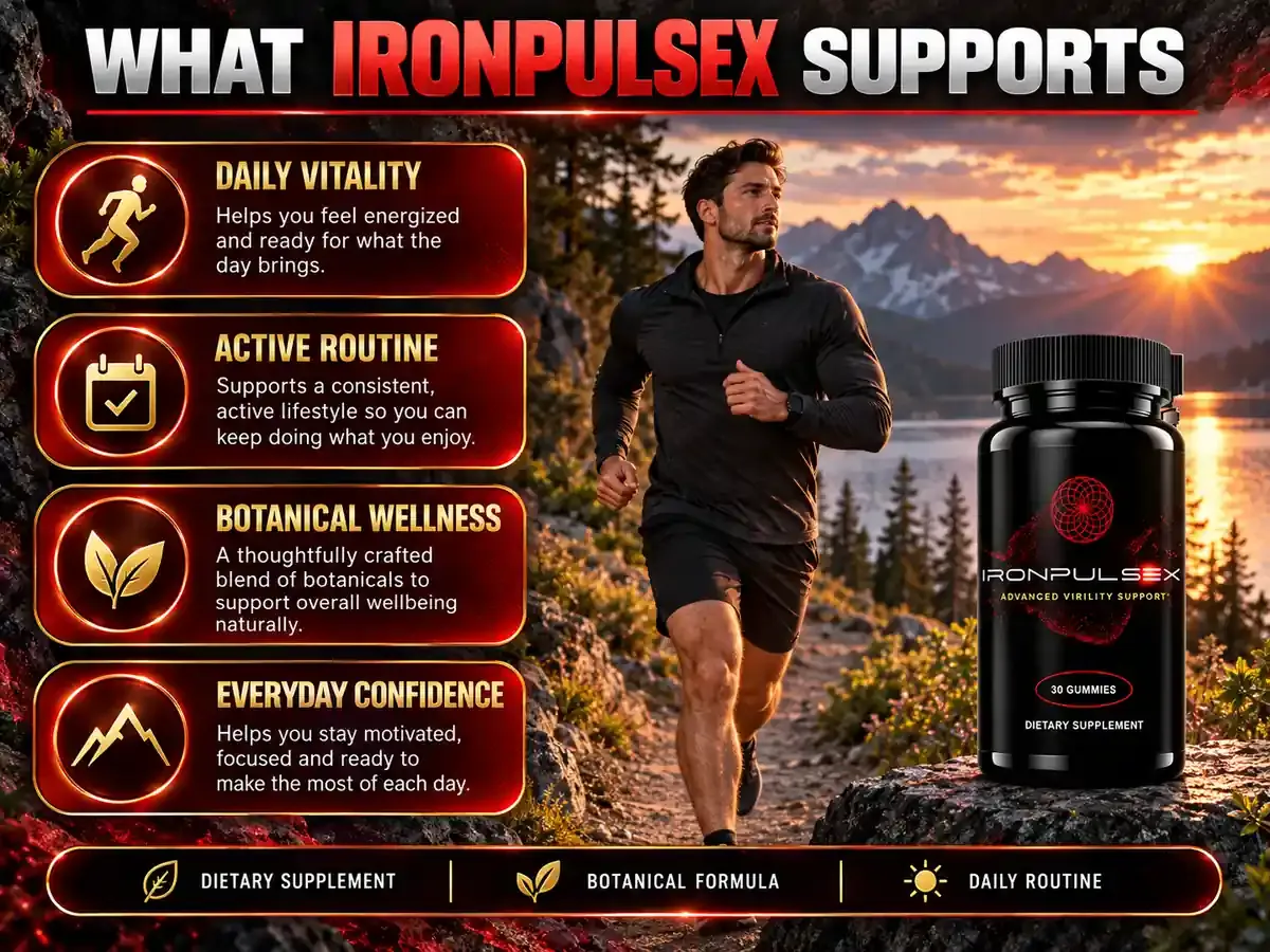 What IronPulseX supports graphic with a man running on a mountain trail beside the bottle
