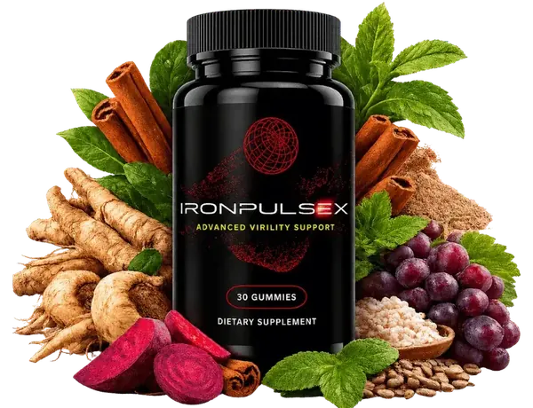 IronPulseX bottle, 30 gummies, Advanced Virility Support, surrounded by beet root, maca, cinnamon and grapes